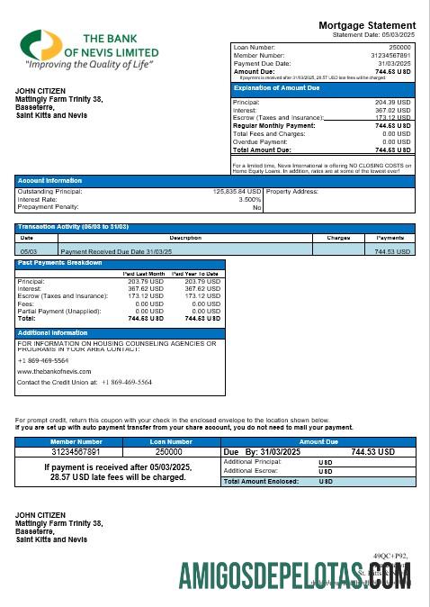 São Cristóvão e Nevis Extrato de hipoteca do Banco de Nevis em formatos Word e PDF exemplo